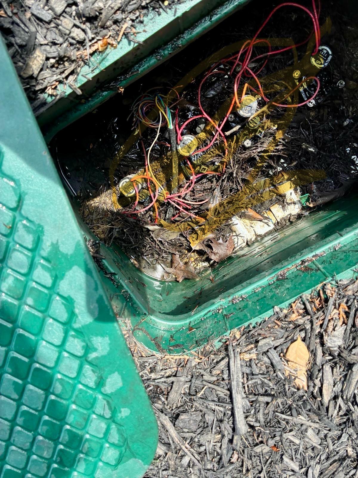 Flooded valve box with corroded wire splices found on a service call