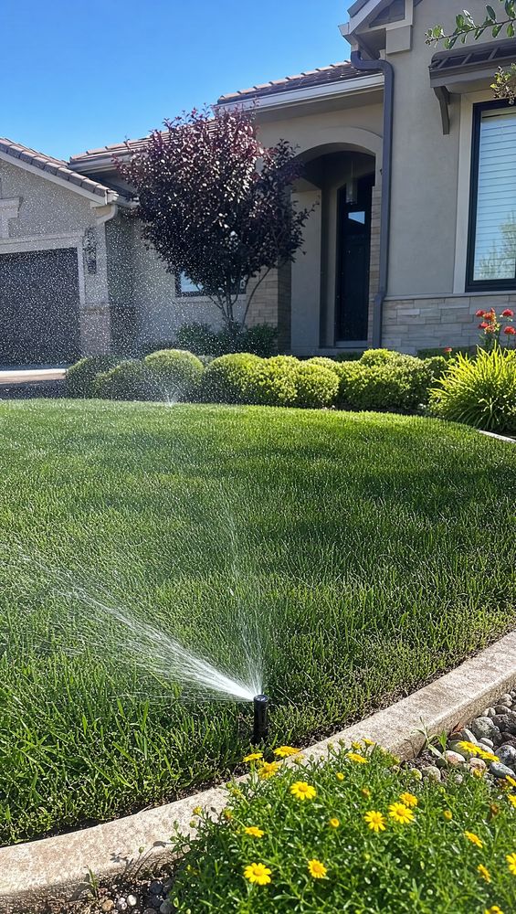 Irrigation trench running beside a stepping-stone path through a landscaped yard