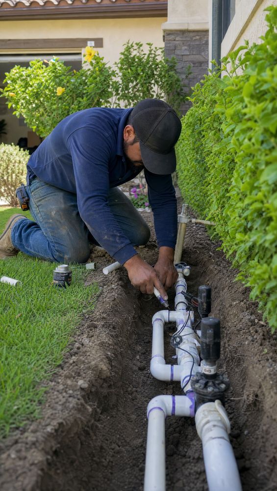Spray head watering a manicured front lawn bordered by flower beds