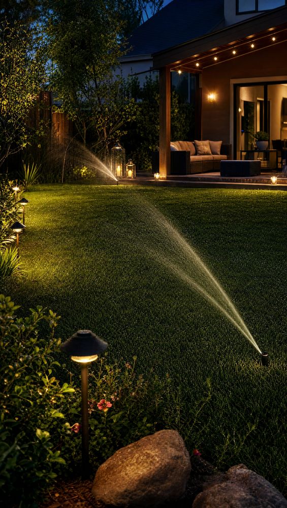 Backyard at dusk with landscape lighting and a sprinkler zone running